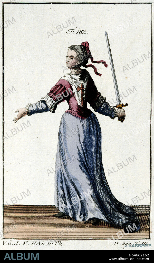 Dame de l'ordre de la Hache, institue a Tortose en 1149 par le comte de Barcelone, pour recompenser les femmes ayant defendu la ville contre les Maures. Gravure in Costumes et moeurs des peuples par Robert SPALLART (18-19 S.). Credit : Collection Grob/KHARBINE-TAPABOR.