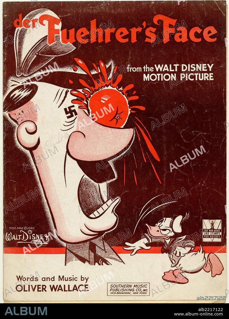 Donald Duck Throws a tomato in Adolph Hitler's Face and smashes him in the eye.  His second eye is a swastika.