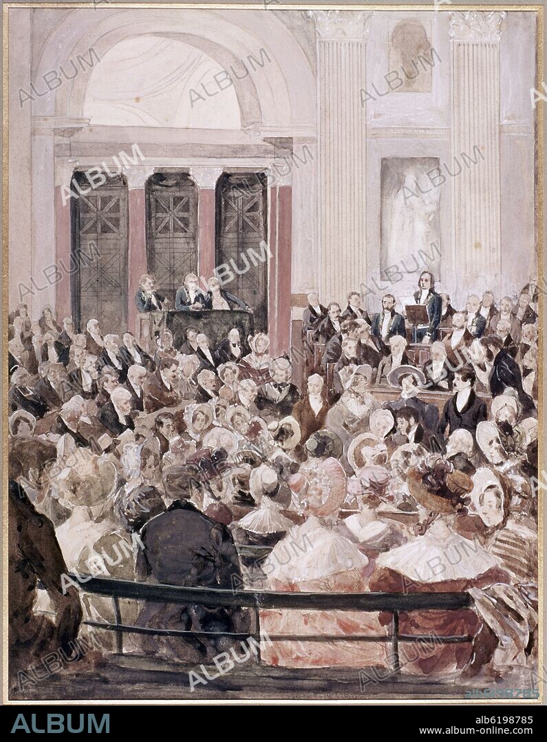 VOGEL. VICTOR HUGO RECIBIDO EN LA ACADEMIA FRANCESA - ACUARELA - SIGLO XIX.