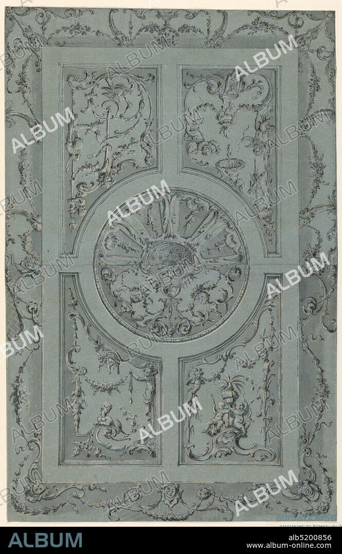Design for a ceiling, Robert de Cotte, 1656 1735, Pen and black ink, graphite, white heightening on blue paper, Two alternative designs are suggested for the cove: including festoons, scrolls, female masks, festoons, and gaines. For the center: including flower vases on brackets with doves and a spike design with vegetable motifs and shells. The ceiling is divided by bands into the central, circular and four pentagonal coffers. Three alternative suggestions are made for the letters. Two of them show bracket motifs and putti. One is decorated with an acanthus scroll from which a Bacchus gaine rises; a female head, a three-quarter figure of a child, rustic musical instruments are in the framing. The fourth shows a sphinx under a canopy, a festoon held by a half-figure., France, ca. 1730, Drawing, Drawing.
