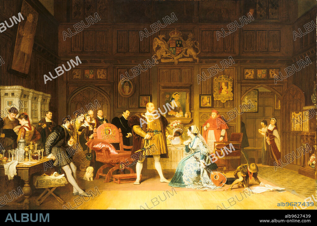 'Henry VIII and Anne Boleyn Observed by Queen Catherine', 1870. Painting by Marcus Stone (1840-1921), British history painter. Anne has been playing the lute for the king watched by a gathering of courtiers. The Queen, Catherine of Aragon, looks in on the scene from the doorway, while her portrait, hanging on wall behind Henry and Anne also 'observes' the goings on. Cardinal Wolsey, right of centre, looks on. The little dog, traditionally symbolising fidelity, is an ironic touch. From a private collection.