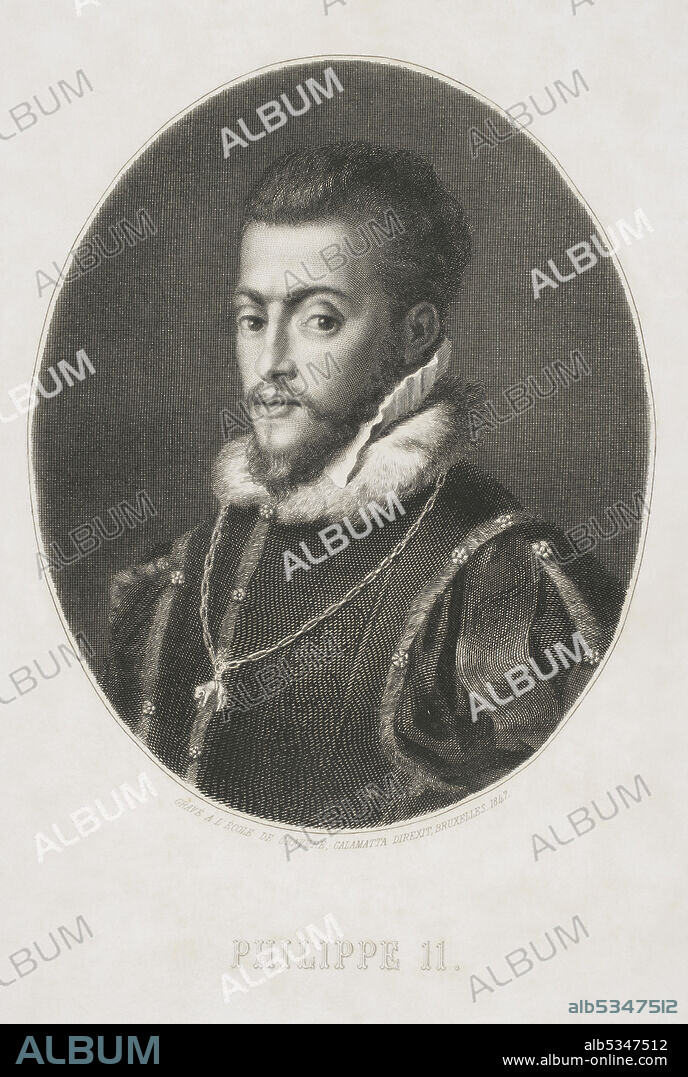 LUIGI CALAMATTA (1801-1869). ITALIAN ARTIST.. Philip II (1527-1598). King of Spain (1556-1598). Son of Emperor Charles V and Isabella of Portugal. Portrait. Engraving by Calamatta. Correspondance de Philippe II sur les affaires des Pays-Bas. Published in Brussels, 1848. Historical Military Library of Barcelona, Catalonia, Spain.