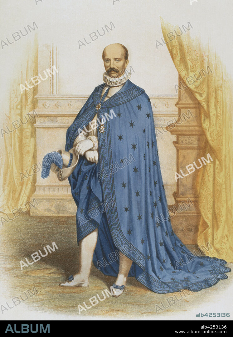 Caballero de la Orden de Carlos III, creada por el rey Carlos III de España el 19 de septiembre de 1771, para condecorar a personas por sus méritos y virtudes. Traje de capítulo. Cromolitografía. Historia de las Ordenes de Caballería y de las Condecoraciones Españolas. Madrid, 1865.