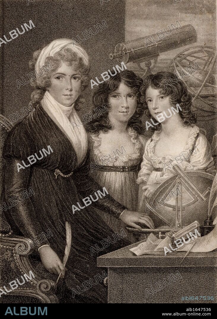 Mrs Bryan and Children' Stipple engraving after the painting by Samuel Shelley. Margaret Bryan (active 1790-1815) English teacher, natural philosopher and author shown with her daughters and surrounded by scientific instruments. Mrs Bryan had a girls' school at Blackheath, London, where she taught astronomy and natural philosophy (science) to her pupils. Engraving for the frontispiece of "A Compendious System of Astronomy" by Mrs Margaret Brown (1797). (Photo by: Universal History Archive/UIG via Getty Images).