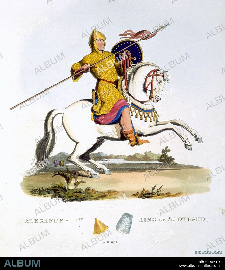 Alexander I, King of Scotland (1824). From Ancient Armour by Samuel Rush Mayrick. Known as 'the Fierce', Alexander (c1178-1124) succeeded his brother Edgar as King of the Scots in 1107.