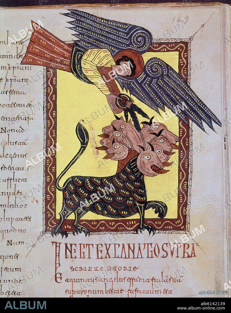 BEATO DE LIÉBANA. COMENTARIOS AL APOCALIPSIS, EL QUINTO ANGEL DERRAMA SU COPA SOBRE LA SILLA DE LA BESTIA - BEATO DEL ESCORIAL - SIGLO X.