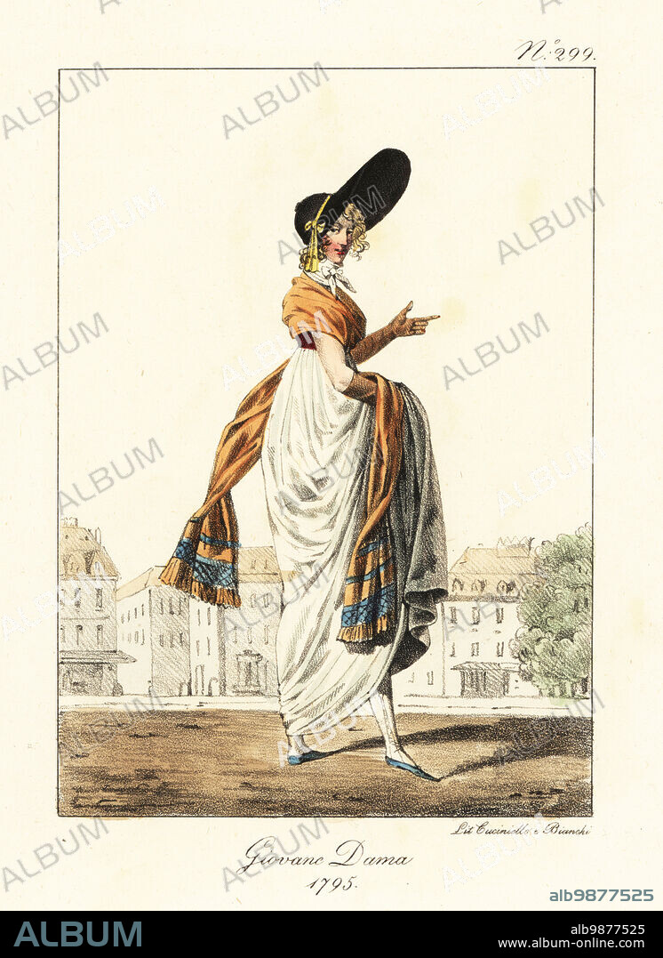 Fashionable woman or Merveilleuse, French Revolutionary era, 1795. She wears a jockey cap with huge peak, muslin dress, long shawl, and embroidered stockings. Jeune Dame. 1795.. After Carle Vernet. Handcoloured lithograph by Lorenzo Bianchi and Domenico Cuciniello after Hippolyte Lecomte from Costumi civili e militari della monarchia francese dal 1200 al 1820, Naples, 1825. Italian edition of Lecomtes Civilian and military costumes of the French monarchy from 1200 to 1820.