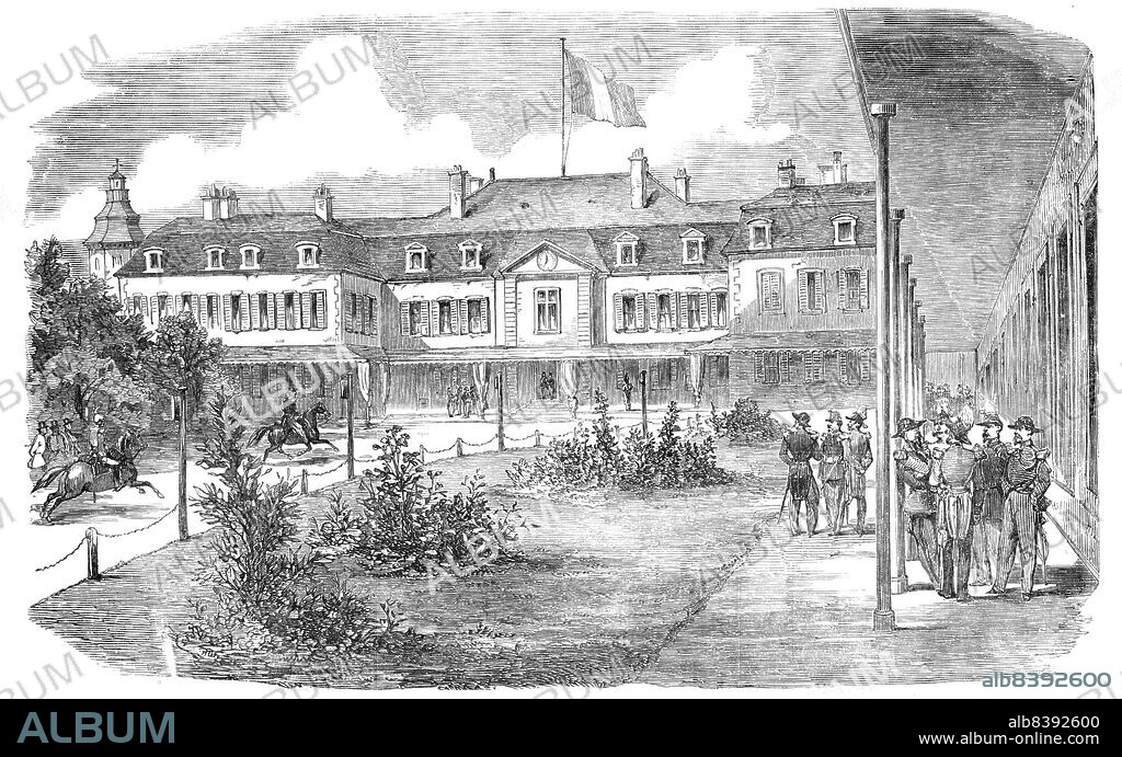 The Hotel Brighton, Boulogne, 1854. Buildings in northern France commandeered for the military during the Crimean War. 'The Hotel Brighton, recently engaged by the Emperor of the French is, properly speaking, not at Boulogne, but at Capécure, which is a faubourg of Boulogne. It is a long yellow building, with no pretensions to any style or beauty of architecture, with "Hotel Brighton" in monster  black letters painted on the outside. The front looks towards some extensive gardens which belong to it, and which are very tastefully arranged. The building is commodious. A temporary corps de garde for the Imperial Grenadiers...and temporary stables for the Imperial stud, have been erected. The private hotels and houses in the vicinity are occupied by the Emperor's staff and household'. From "Illustrated London News", 1854.
