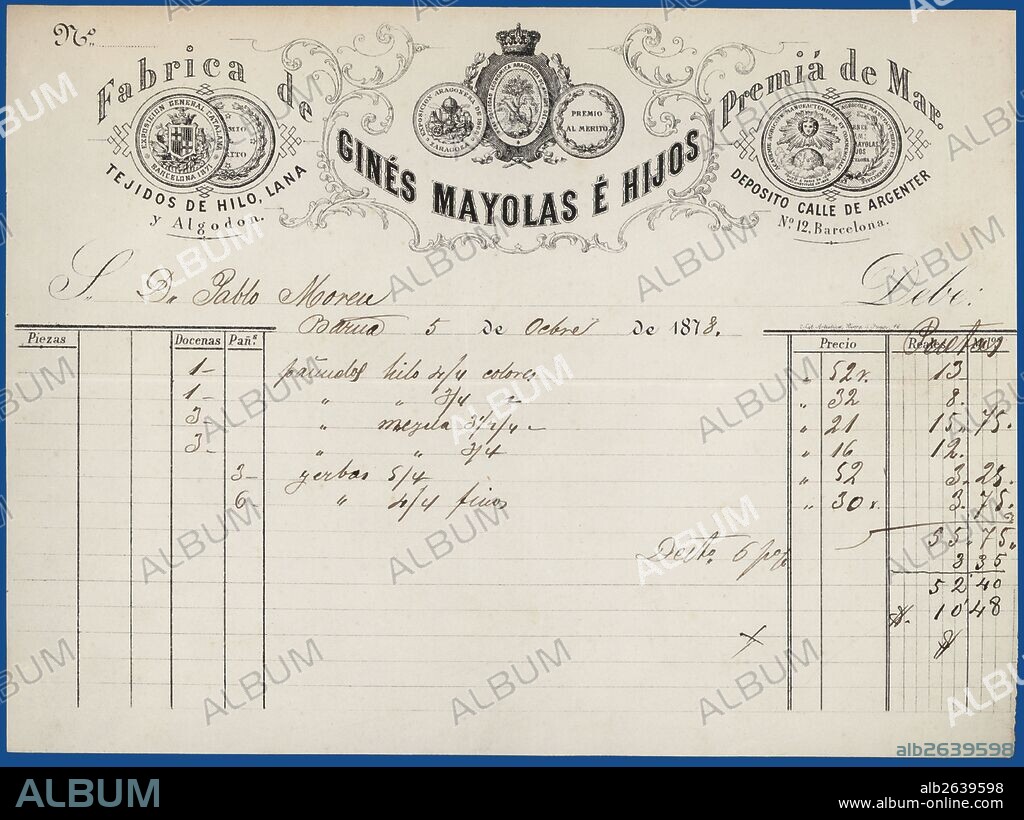 Factura comercial de la fábrica de tejidos de hilo, lana y algodón de Ginés Mayolas e hijos, de Barcelona. Año 1878.