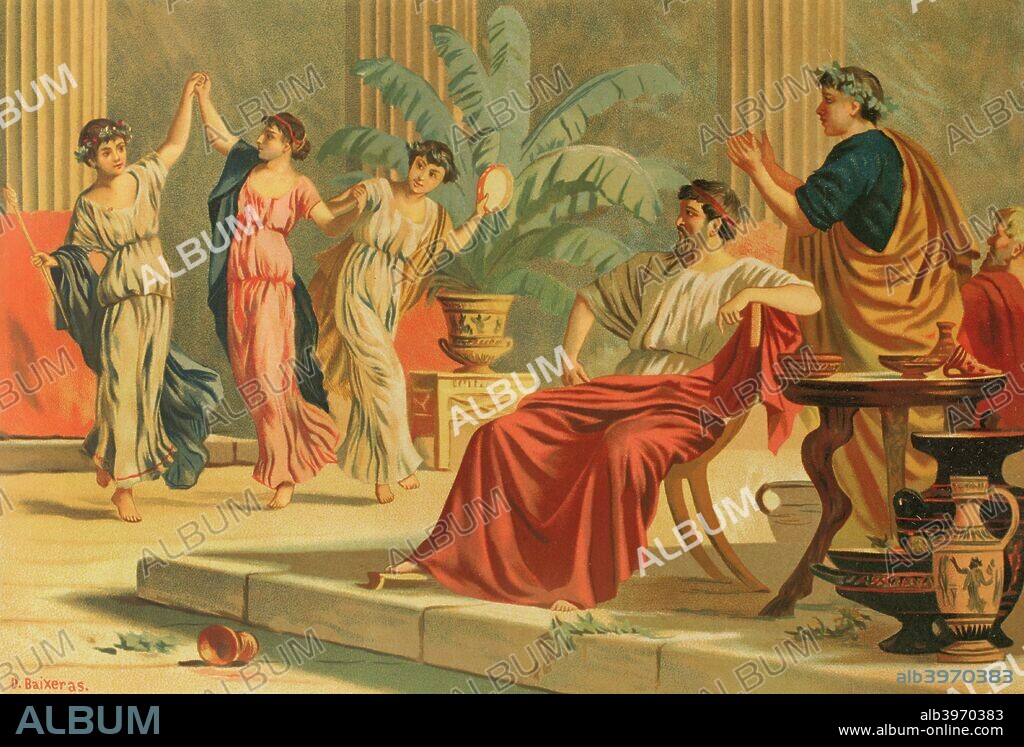 Antigua Grecia. Danzas después de un banquete o simposio. Dibujo realizado por Dionisio Baixeras (1862-1943). Cromolitografía. La Civilización, tomo II, 1881. Biblioteca Histórico Militar de Barcelona, Cataluña, España.