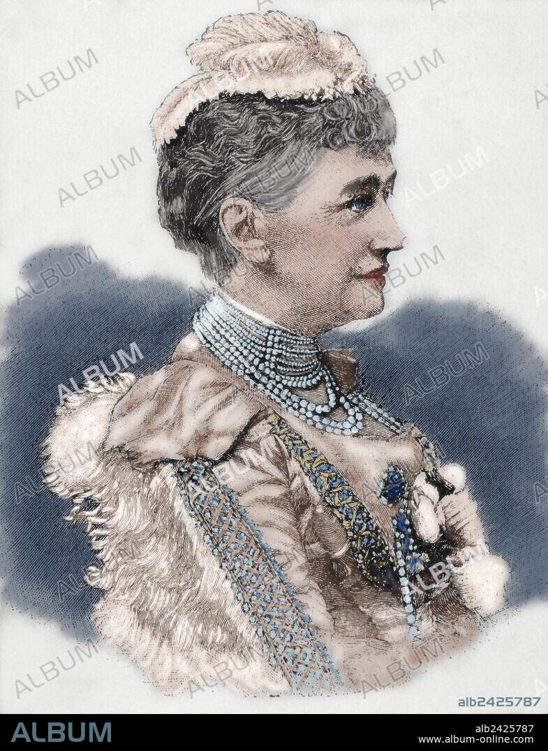 Louise of Hesse-Kassel (1817-1898). Princess and Queen consort of Denmark. Engraving in The Artistic Illustration, 1889. Colored.