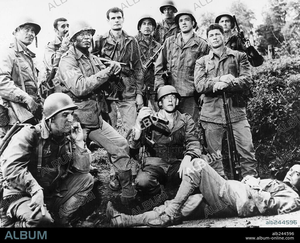 CHARLES BRONSON, DONALD SUTHERLAND and TELLY SAVALAS in THE DIRTY DOZEN, 1967, directed by ROBERT ALDRICH. Copyright M.G.M.