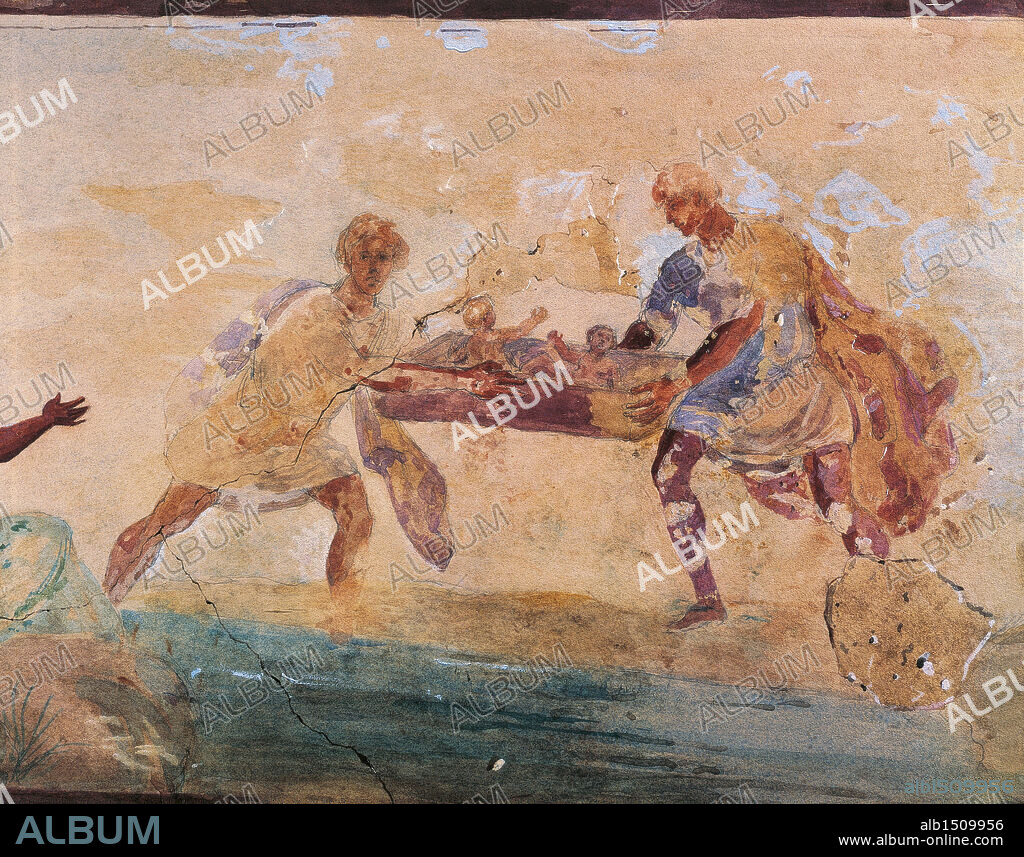 Roman civilization. Fresco depicting Romulus and Remus being abandoned on the banks of a river. From a columbarium at the Esquiline Hill, Rome.