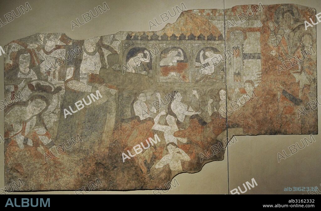 Arte. Asia Central. Pueblo Sogdiano. Lamentaciones. Pintura mural Siglo VI. Procedente de la antigua ciudad de Penjikent, Tayikistan. Templo II, Sala principal. Museo del Hermitage (The State Hermitage Museum). San Petersburgo. Rusia.