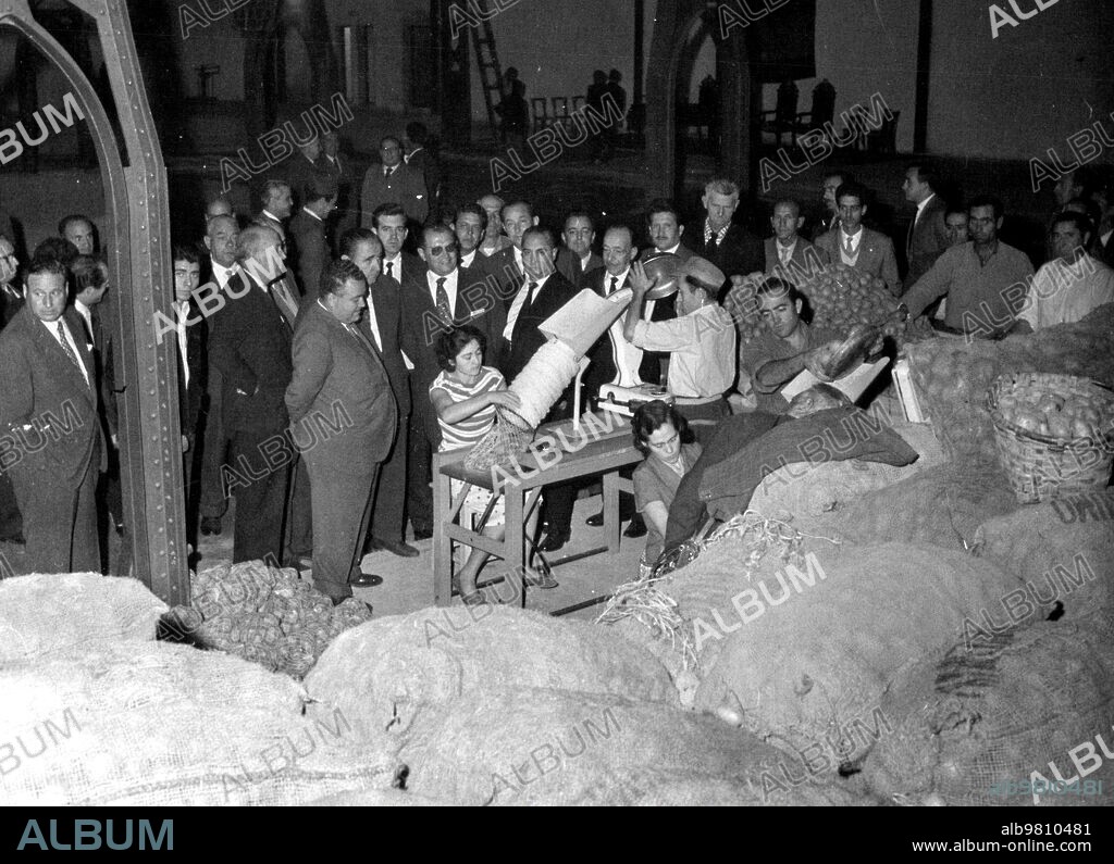 1959. Inauguración del nuevo mercado de Patatas, A la cuál Acudió el Sr. Campos Pareja, que Presenció el nuevo sistema automático de pesaje y embalaje.