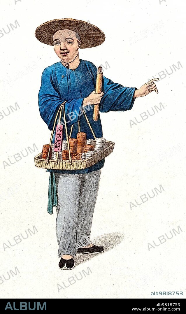 A Chinese apothecary carrying a basket of various remedies, c. 1810, China, Historic, digitally restored reproduction from a 19th century original