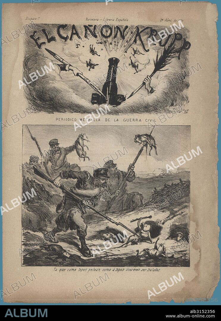 Portada del periódico El Cañón Krupp, editado en Barcelona, abril de 1874. Dibujo satírico sobre la tercera guerra carlista.