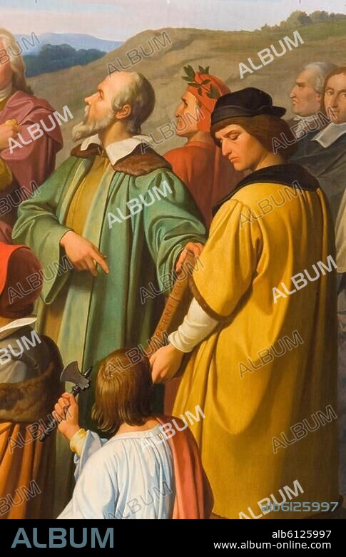 Mussini, Luigi; 1813-1888. / "Il trionfo della verità" (Der Triumph der Wahrheit), 1847. Ausschnitt aus der rechten Gruppe mit Galileo Galilei und Nikolaus Kopernikus; hinten Dante, Cuvier und Pascal, vorn Ptolemaios. Öl auf Leinwand, 143,5 x 213 cm. Inv. 358.