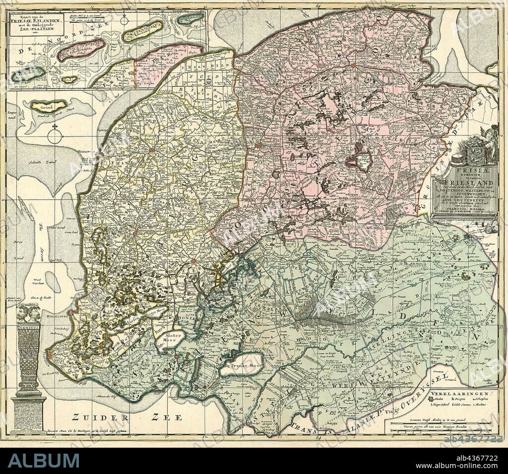 Map, Frisiae Dominium vernacule Friesland verdeeld in de Hoofd-deelen van Oostergoo, Westergoo en Sevenwolden als ook de 11 Steden zynde noch onderschyden in XXX Grieteneyn, na de nieuste afmeetingen geteekend, uyt gegeeven door François Halma, François Halma (1653-1722), Copperplate print.