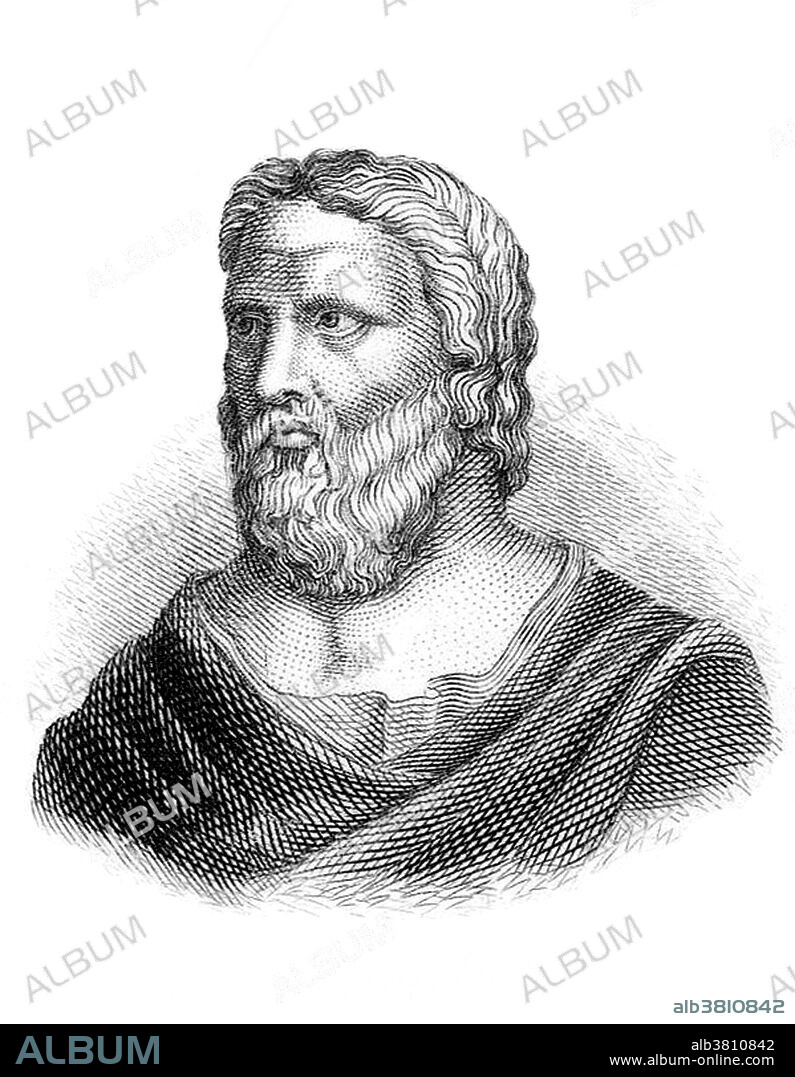 Heraclitus of Ephesus (535 - 475 BC) was a pre-Socratic Greek philosopher. Little is known about his early life and education, but he regarded himself as self-taught and a pioneer of wisdom. He was called "The Obscure" and the "Weeping Philosopher". He is famous for his insistence on ever-present change in the universe, as stated in the famous saying, "No man ever steps in the same river twice". He believed in the unity of opposites, stating that "the path up and down are one and the same", all existing entities being characterized by pairs of contrary properties. Like most pre-Socratics, his writings survive only in fragments quoted by other authors. His life as a philosopher was interrupted by dropsy. The physicians he consulted were unable to prescribe a cure. He treated himself with a liniment of cow manure and baking in the sun, believing that this method would remove the fluid. After a day of treatment he died and was interred in the marketplace. Engraving by J.W. Cook, 1825.