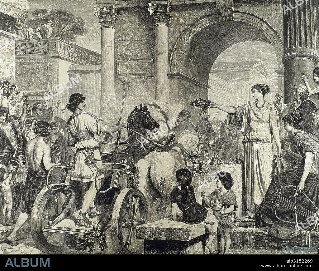 Ancient Greece. Olympic Games. Entrance of the winner in chariot racing. Engraving.