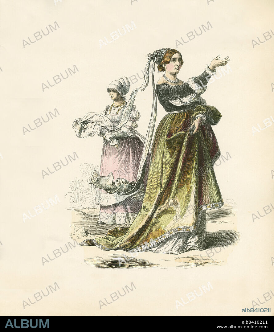 Two German Women in Costume, First Third of 16th Century, Illustration, The History of Costume, Braun & Schneider, Munich, Germany, 1861-1880.