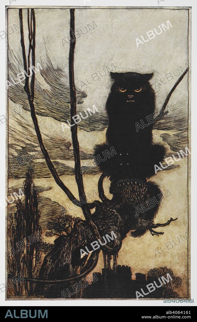 ARTHUR RACKHAM and GEBRUEDER GRIMM. Illustration from Jorinda and Joringel of a black cat. Grimm's Fairy Tales. Illustrated by Arthur Rackham. London : William Heinemann, [1925]. 'By day she made herself into a cat.'. Source: 12410.r.7. facing page 18.