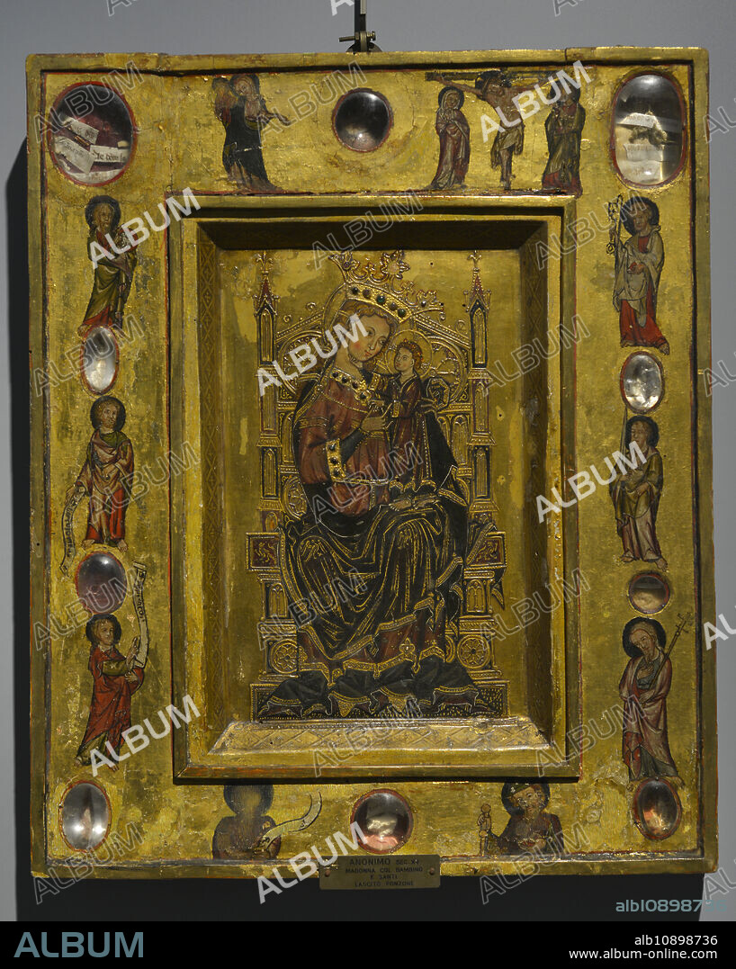 Virgen con Niño. Representaciones de santos y una crucifixión a su alrededor. Marco de un relicario pintado, obra de un artista renano (h. 1260-h. 1330-1340). Témpera sobre madera. Museo Civico Ala Ponzone. Cremona. Italia.