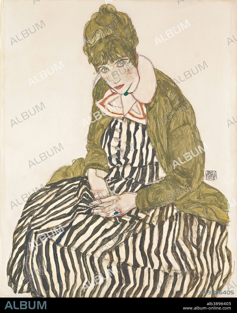 EGON SCHIELE. Edith Schiele in gestreiftem Kleid, sitzend Edith with Striped Dress, Sitting. Date/Period: 1915. Drawing. Height: 508 mm (20 in); Width: 402 mm (15.82 in).