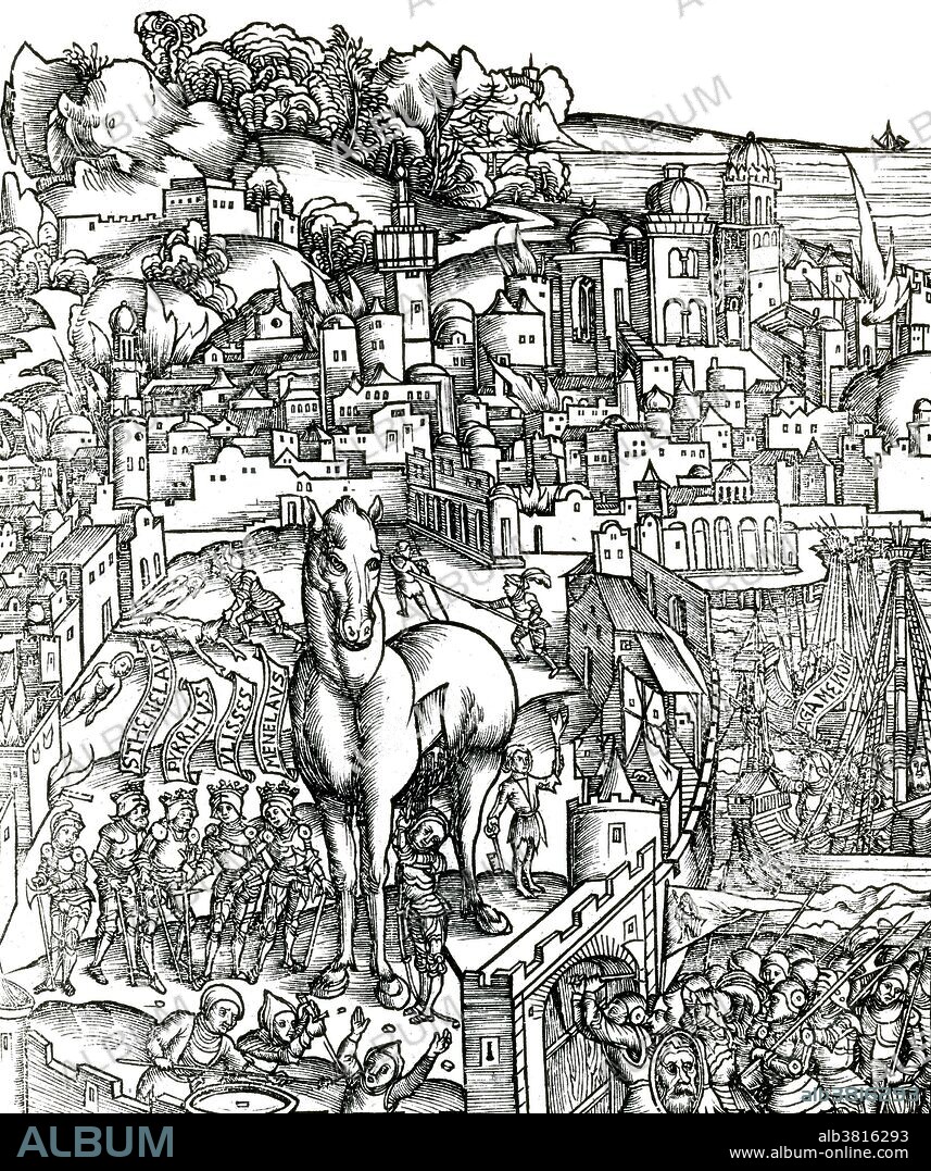 The scene is illustrated in the style of the Middle Ages. The Trojan Horse is a tale from the Trojan War about the stratagem that allowed the Greeks to finally enter the city of Troy and end the conflict. In the canonical version, after a fruitless 10-year siege, the Greeks constructed a huge wooden horse, and hid a select force of men inside. The Greeks pretended to sail away, and the Trojans pulled the horse into their city as a victory trophy. That night the Greek force crept out of the horse and opened the gates for the rest of the Greek army, which had sailed back under cover of night. The Greeks entered and destroyed the city of Troy, decisively ending the war. Ancient Greeks believed that the events Homer related were true and that Troy was located in the vicinity of the Dardanelles in what is now north-western Turkey. In 1870, German archaeologist Heinrich Schliemann excavated a site in this area which he believed to be the site of Troy, and at least some archaeologists agree. There remains no evidence that Homer's Troy ever existed, or that any of the events of the Trojan War took place. Many historians believe that the Homeric stories are a fusion of sieges and expeditions by the Greeks of the Bronze Age or Mycenean period, and do not describe actual events. Those who think that the stories of the Trojan War derive from a specific historical conflict usually date it to between 1300 BC and 1200 BC.