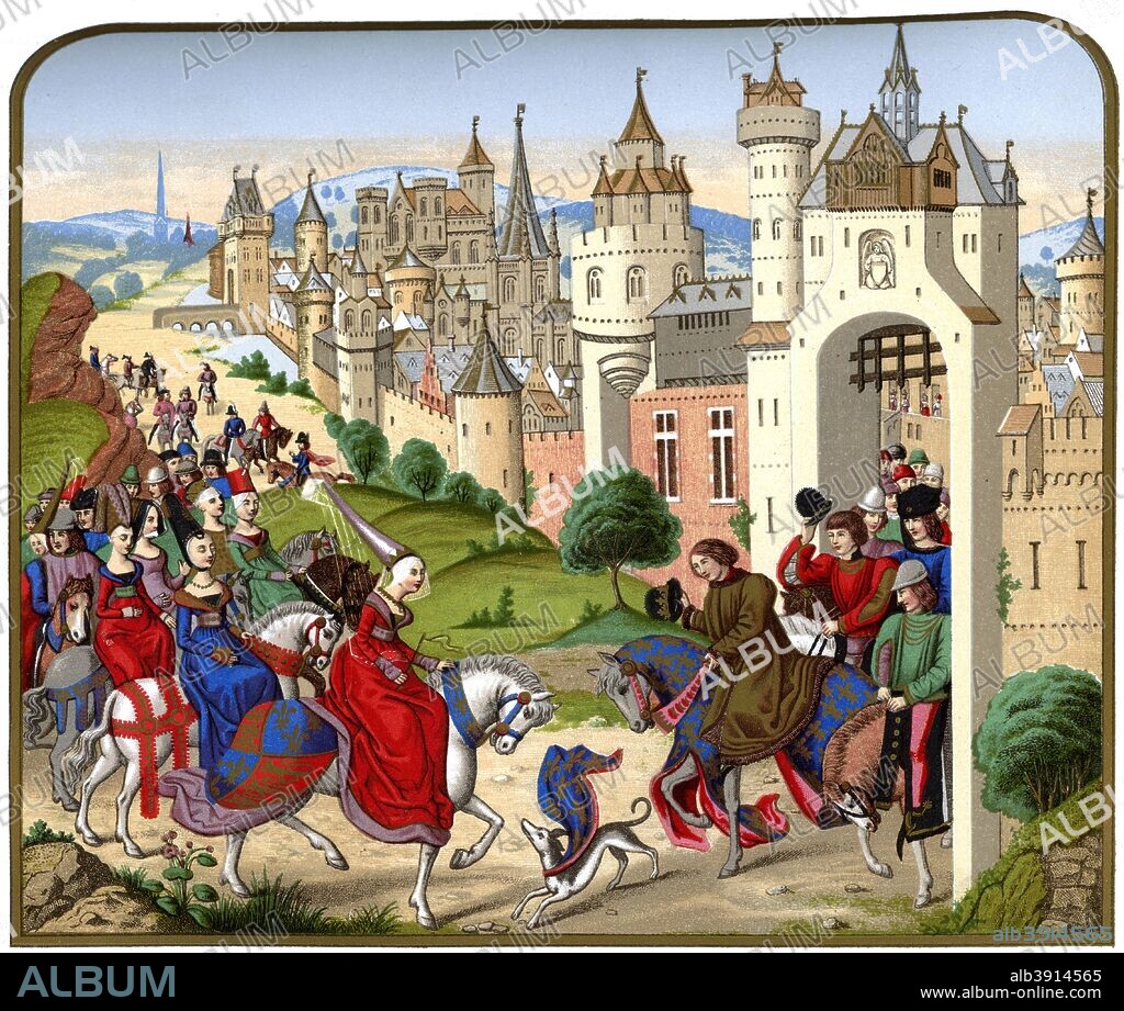 'Entrance of the Queen Isabeau of Bavaria into Paris', c1500, (1870). Isabel was Queen Consort of France (1385-1422) after marrying Charles VI. Illustration after a miniature in Froissart's Chronicals, National Library, Paris. A chromolithographic print from The Arts of the Middle Ages and at the Period of the Renaissance, by Paul Lacroix, (London, 1870).