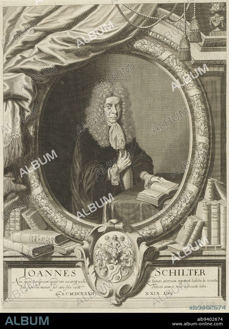 Portrait of Johann Schilter, Johann Adam Seupel, 1672 - 1717, print maker: Johann Adam Seupel, (mentioned on object), Johann Adam Seupel, (mentioned on object), 1672 - 1717, paper, engraving, h 358 mm - w 263 mm.