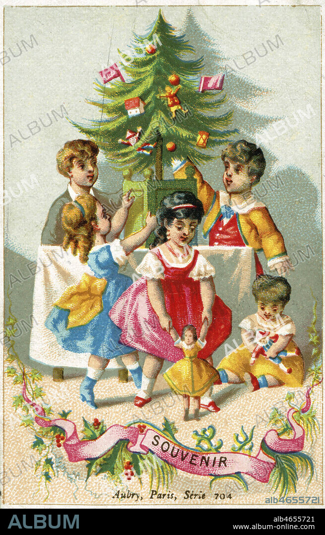 Chromo publicitaire , des enfants devant le sapin de noel decouvrent leurs cadeaux , vers 1870-75. 1877. Credit Kharbine Tapabor.