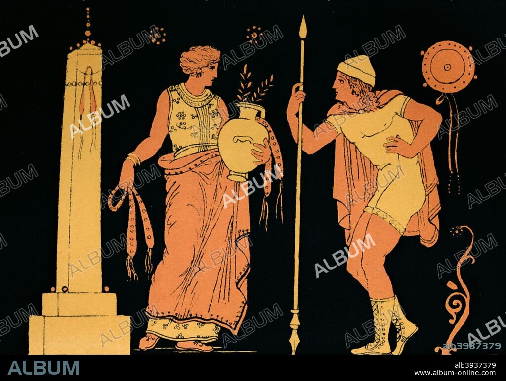 'Electra and Orestes', 1880. In Greek mythology, Elektra was the daughter of King Agamemnon and Queen Clytemnestra, and thus princess of Argos. She and her brother Orestes plotted revenge against their mother Clytemnestra and stepfather Aegisthus for the murder of their father, Agamemnon. From Stories from the Greek Tragedies by the Rev. Alfred J. Church, M.A. [Seeley, Jackson, & Halliday, London, 1880].
