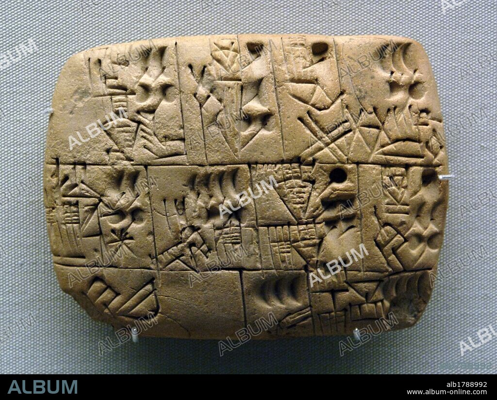 Mesopotamia. Clay Tablet. Pictographs drawn. Early writing tablet recording the allocation of beer. Iraq. Late Prehistoric period. 3100-3000BC. British Museum. London. England. United Kingdom.