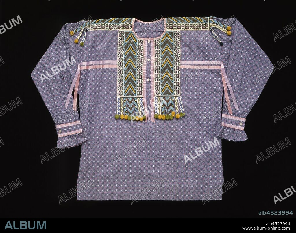 possibly Potawatomi, Native American, Man's Shirt, ca. 1890, cotton print fabric, beads, ribbon, wool and plant fiber, Overall: 31 1/2 inches (80 cm).