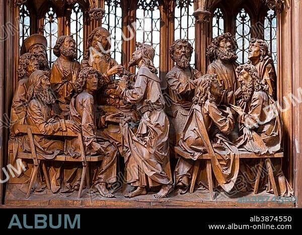 Last Supper, The Holy Blood Altar by Tilman Riemenschneider, Jacob's Church, Church of St. Jakob, Rothenburg ob der Tauber, Middle Franconia, Franconia, Bavaria, Germany, Europe.