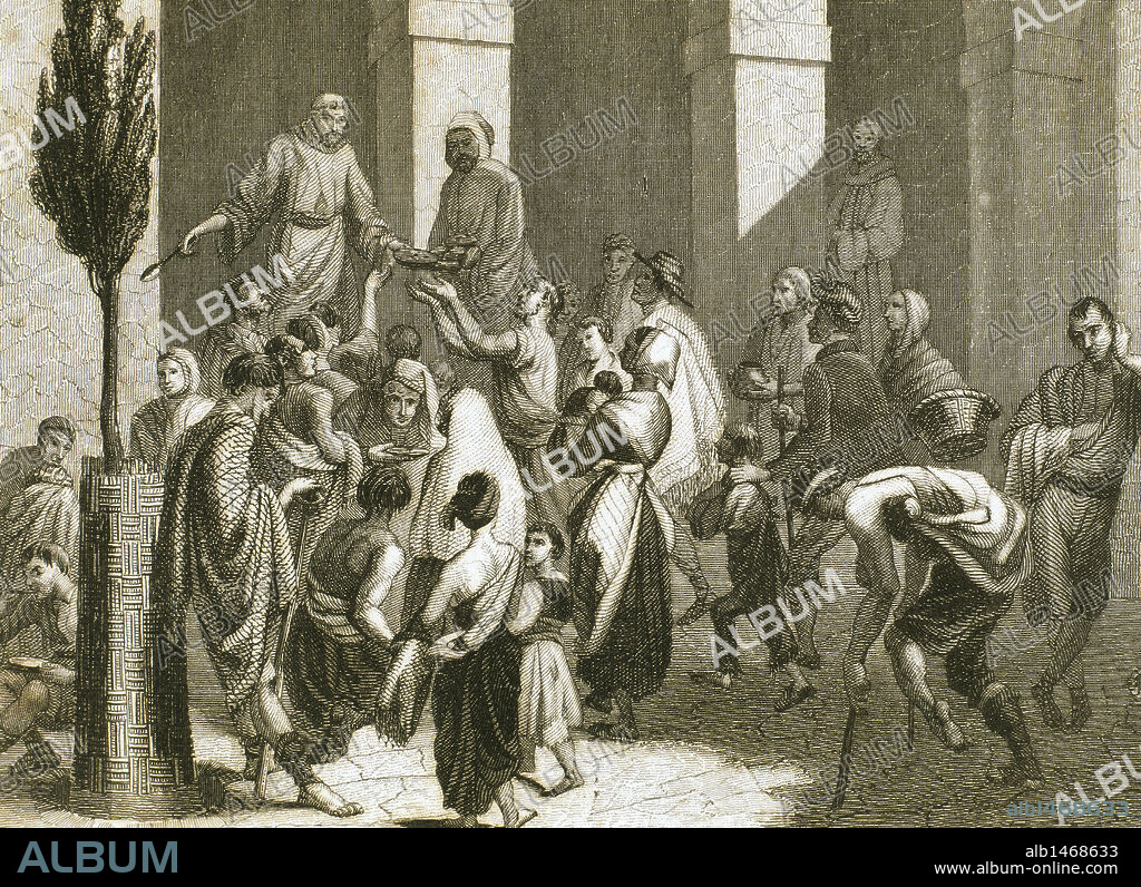 "FRAILES DEL CONVENTO DE SANTA MADRONA REPARTIENDO SOPA A LOS POBRES". Barcelona. Cataluña. Grabado S. XIX.