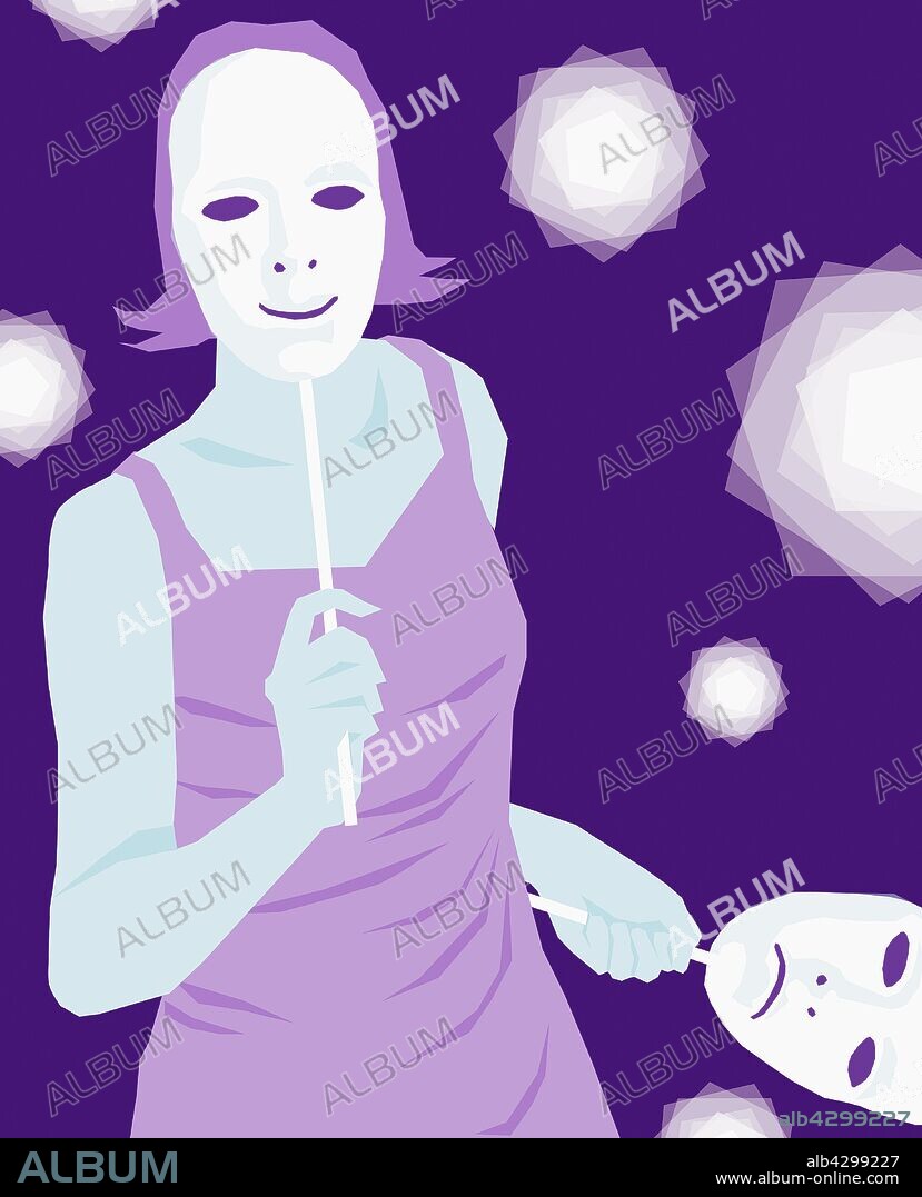 Woman wearing smiling mask and holding frowning mask.