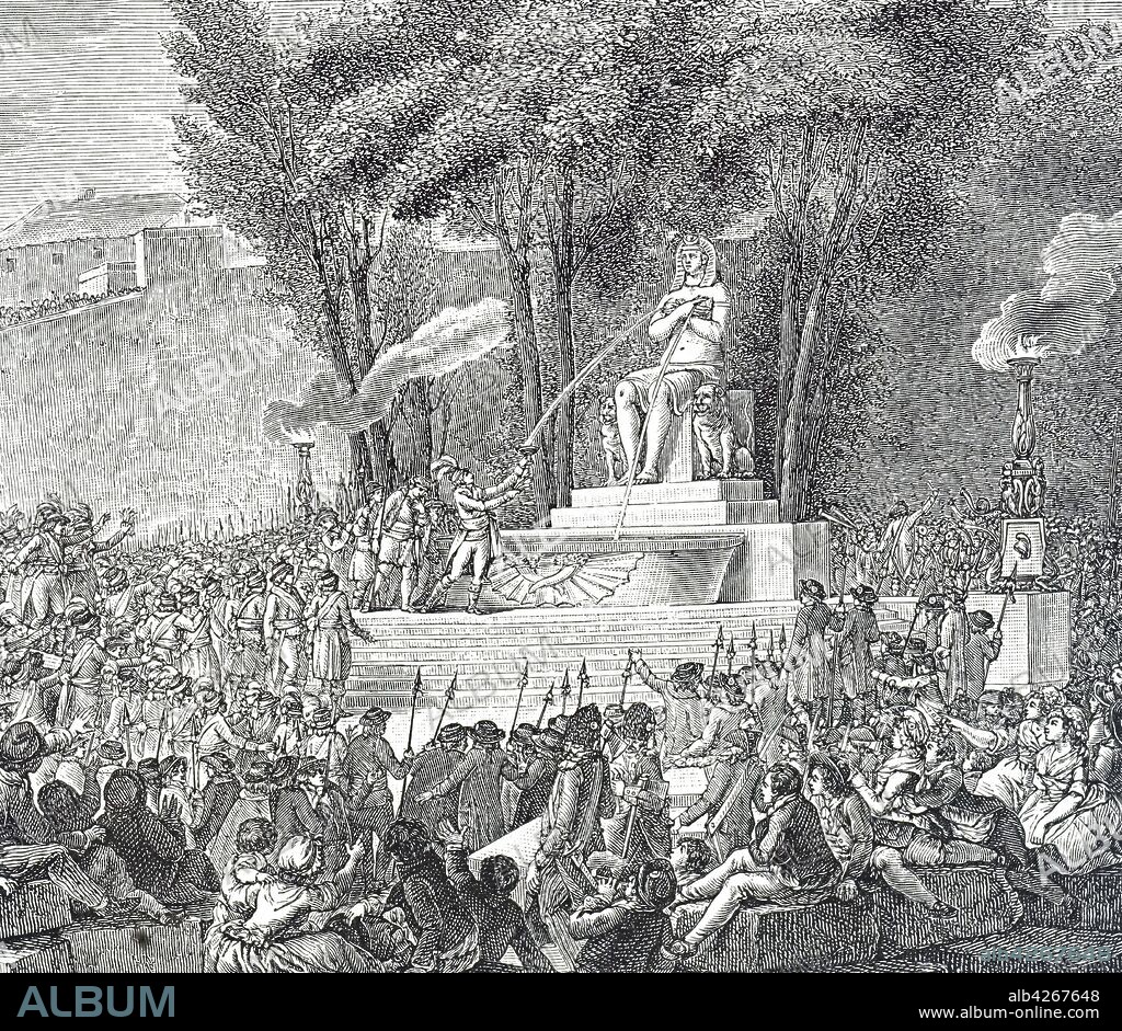 Engraving depicting the Fountain of Regeneration built out of the rubble of the Bastille. Dated 18th century.