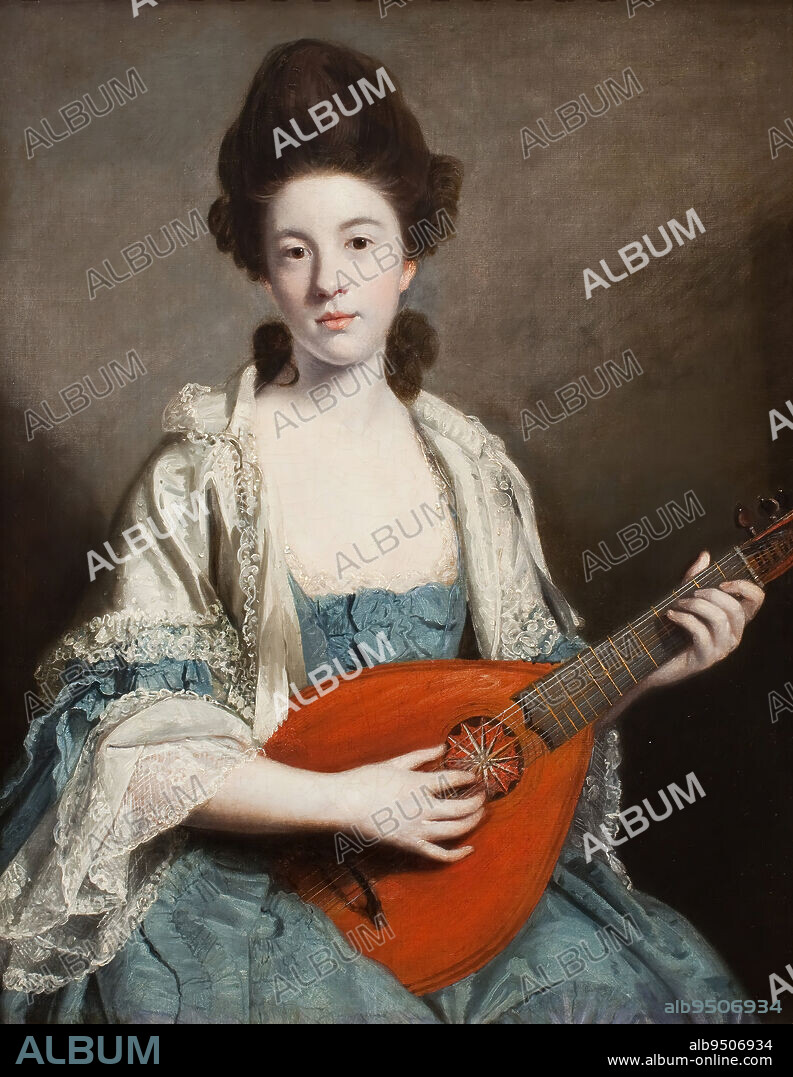 Miss Phillis Hurrell (17461836), 1762, Sir Joshua Reynolds, British, 17231792, 35 5/8 x 28 1/2 in. (90.49 x 72.39 cm) (sight)46 x 39 in. (116.84 x 99.06 cm) (outer frame), Oil on canvas, England, 18th century, Phillis Hurrell was the only child of an old aristocratic family from Devon, England. She was about sixteen years old when Joshua Reynolds painted her portrait. He shows her playing a lute, perhaps a sign of her talent as well as her faithfulness and sympathetic character. Reynolds's studio records indicate that Miss Hurrell sat for the artist six times, in June of 1762, before he completed the painting in July, having it delivered to her family's home on July 29.