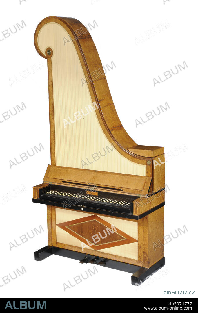 giraffe piano, C. Muller Factory in Vienna, 1815, rosewood, ivory, maple, copper, silk, elm, mahogany, wool, glued, General: 234 x 119 x 54cm 2340 x 1190 x 540mm, Grand piano with a vertical upright string case , Empire style giraffe model. The pleated upholstery of the string box is made of beige artificial silk and secured with a cotton ribbon. The front panel is separate from the case and is fixed by two pins. A blue felt strip of fabric is woven through the strings. The string case has an S-shaped volute and four copper rosettes, three on the corners and the fourth in the curl. On the right side of the string box, an extra lid has been made under which there is a secret compartment. The rectangular base cabinet has three pedals. The front panel is loose and can be removed. In the center of this panel is a diamond of mahogany and rosewood separated by a gold-colored trim, with a painted depiction of two crossed horns with floral scroll, harp and two trumpets. The piano has five and a half octaves of white and black ivory keys. Above the keyboard is a wooden plate with the text: C Müller Wien 1815. In the lower case a box with 68 old hammers, one of which has a different shape and a handful of pieces of wood with felt, 1938.