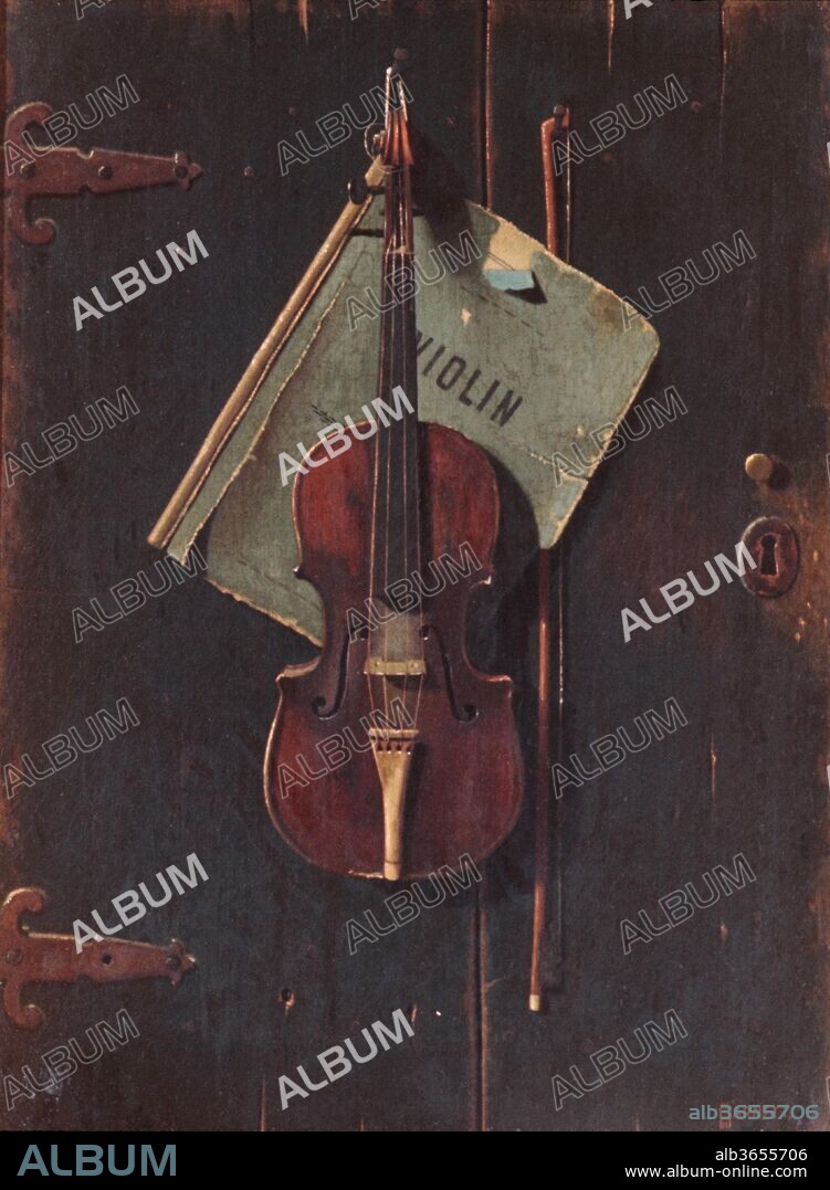 The Old Cremona. Artist: John F. Peto (1854-1907). Dimensions: 16 x 12 in. (40.6 x 30.5 cm). Date: ca. 1887-90.
Like many works by Peto, this canvas bears the false signature of his better-known contemporary William Michael Harnett. In 1886 Harnett had painted a successful trompe-l'oeil ("deceive the eye") picture called "The Old Violin" (National Gallery of Art, Washington, D.C.), which was reproduced in a chromolithograph the following year. Peto may have known the original or the print. Although he borrowed Harnett's composition, he made something quite different of it. By flattening forms and disregarding modeling, he created a decorative pattern with a textural effect that is evocative rather than purely illusionistic.