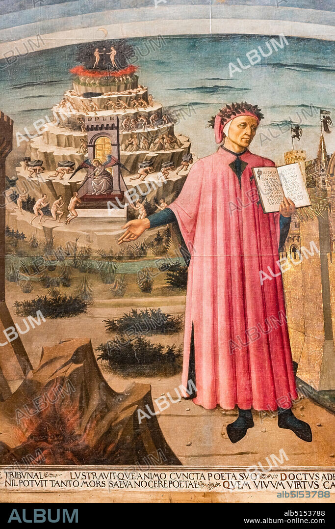 The Divine Comedy illuminates Florence, also known as Dante Alighieri's Divine Comedy. Fresco by Domenico di Michelino (1465), designed by Alessio Baldovinetti, Florence, Cathedral of Santa Maria del Fiore (Duomo).. Right: Dante holding the book with the opening words of the Divine Comedy. Left: the Purgatory hill. Detail.
