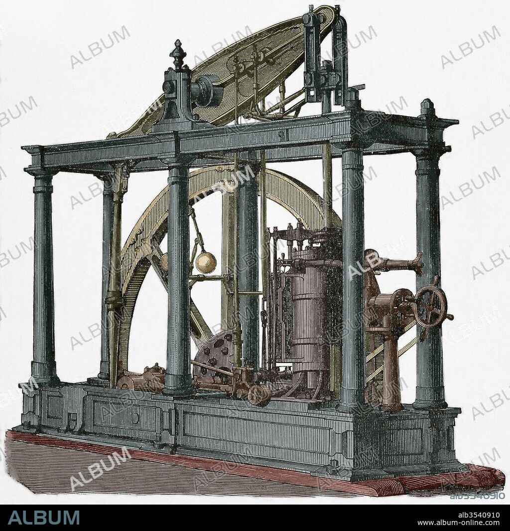 Máquina de vapor a balancín de James Watt (1736-1819). Grabado del siglo XIX. Coloreado.