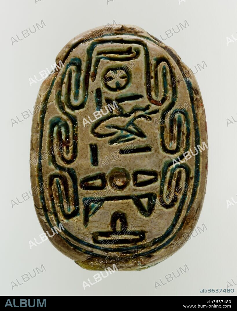Scarab of the Vizier Minhotep. Dimensions: L. 2.6 cm (1 in.); W. 1.9 cm (3/4 in.); H. 1.3 cm (1/2 in.). Dynasty: Dynasty 13. Date: ca. 1750-1700 B.C..
Scarabs bearing the names of nonroyal individuals first appeared in the later Twelfth Dynasty, concurrent with other significant cultural and political developments. Thereafter scarabs were mass produced, primarily as amulets, though they often also functioned as administrative seals. Scarab beetles lay their eggs in round balls of dung from which their young emerge, actions that the ancient Egyptians equated with the sun god and rebirth, appropriate symbolism for amulets that were often placed in tombs.