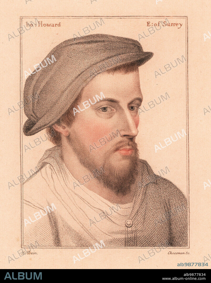 Henry Howard, Earl of Surrey, poet executed for treason 1517-1547. Mislabeled as Tho: (Thomas) Howard, E; of Surrey. Handcoloured copperplate stipple engraving by Thomas Cheesman after a portrait by Hans Holbein the Younger printed on pink paper from Imitations of Original Drawings by Hans Holbein, John Chamberlaine, London, 1812.