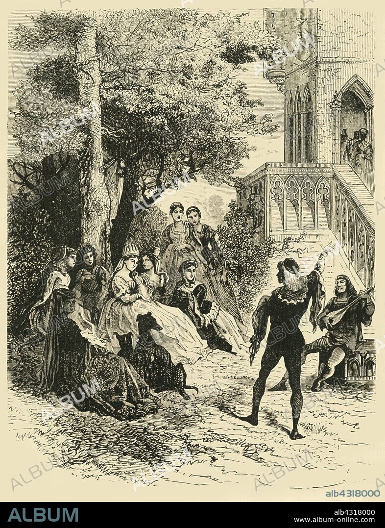 'The Trouvere Adenes at the Court of Queen Marie of Brabant', (1274-1285), 1890. Adenes Le Roi (c1240-1300), French minstrel or trouvere entertaining Marie of Brabant (1254- 1322) Queen of France 1274-1285.  From "Cassell's Illustrated Universal History, Vol. III - The Middle Ages", by Edmund Ollier. [Cassell and Company, Limited, London, Paris and Melbourne, 1890. ].