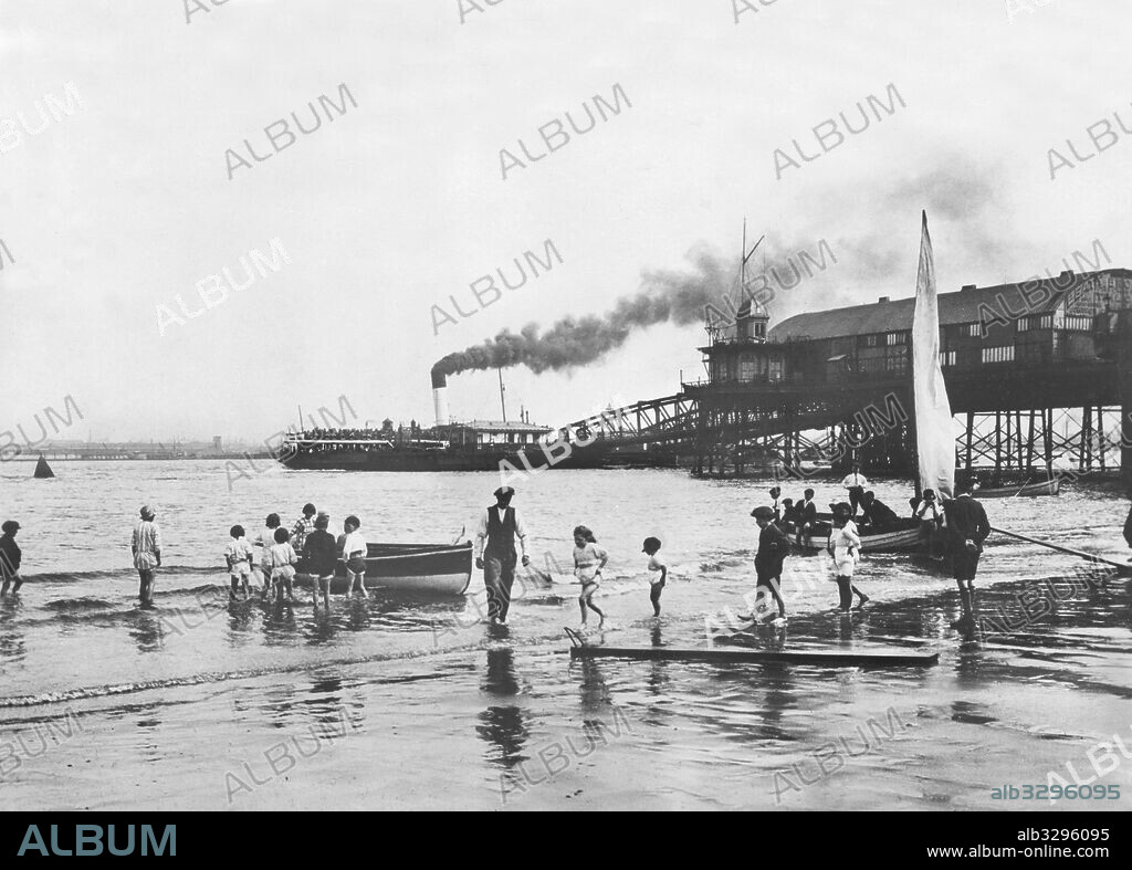 New Brighton Pier and Landing Stage From the Beach. Wallasey, Merseyside, c1908.