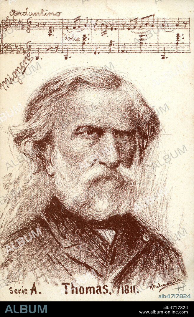 Portrait d'Ambroise THOMAS (1811-1896) et partition de l'opera Mignon. Carte postale vers 1910, serie sur les portraits de compositeurs. Credit : IM/KHARBINE-TAPABOR.